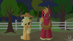 Size: 3265x1837 | Tagged: safe, artist:intelmax89, derpibooru import, apple bloom, applejack, big macintosh, earth pony, pony, apple, apple siblings, apple sisters, apple tree, applejack's hat, brother and sister, carrying, cowboy hat, female, fence, hat, male, my neighbor totoro, rain, siblings, sisters, sleeping, sweet apple acres, tree, umbrella