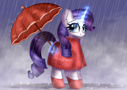 Size: 4092x2893 | Tagged: safe, artist:janelearts, derpibooru import, rarity, pony, unicorn, magic, rain, raincoat, solo, umbrella