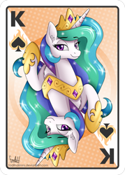 Size: 2143x3000 | Tagged: safe, artist:fadlihalimns, derpibooru import, princess celestia, alicorn, pony, card, crown, hoof shoes, jewelry, poker card, regalia