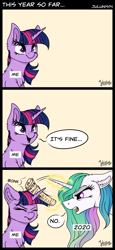 Size: 2414x5266 | Tagged: safe, alternate version, artist:julunis14, derpibooru import, princess celestia, twilight sparkle, alicorn, pony, unicorn, 2020, chest fluff, comic, ear fluff, it's fine, speech bubble