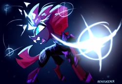 Size: 3547x2434 | Tagged: safe, artist:nekosnicker, derpibooru import, tempest shadow, pony, unicorn, action pose, angry, armor, broken horn, fangs, female, glowing horn, horn, mare, sketch, snarling, solo