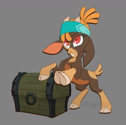 Size: 1280x1272 | Tagged: safe, artist:maybehawthorn, derpibooru import, shanty goat, goat, them's fightin' herds, bipedal, cloven hooves, community related, female, food, grin, headband, pirate, salt, smiling, solo, treasure chest