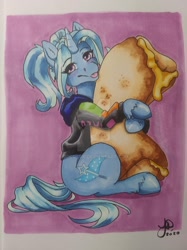 Size: 1600x2134 | Tagged: safe, artist:jocossie, derpibooru import, trixie, alternate hairstyle, babysitter trixie, clothes, food, hoodie, taco