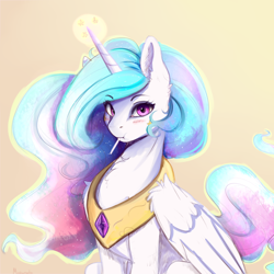 Size: 4000x4000 | Tagged: safe, artist:miokomata, derpibooru import, princess celestia, alicorn, pony, :i, absurd resolution, blushing, candy, chest fluff, cute, cutelestia, ear fluff, eating, ethereal mane, eyebrows visible through hair, eyelashes, female, food, glowing horn, gradient background, horn, jewelry, lollipop, looking at you, magic, mare, meta, mouth hold, peytral, pink eyes, pocky, puffy cheeks, regalia, signature, sillestia, silly, simple background, sitting, solo, wing fluff, yellow background
