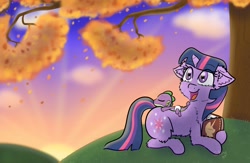 Size: 3840x2500 | Tagged: safe, artist:shinycyan, derpibooru import, spike, twilight sparkle, unicorn twilight, dragon, unicorn, autumn, baby, baby dragon, baby spike, book, bookhorse, cute, ear fluff, falling leaves, female, happy, hill, lying down, male, spikabetes, sunset, tree, twiabetes, younger