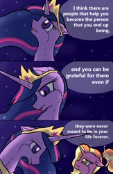 Size: 2500x3840 | Tagged: safe, artist:shinycyan, derpibooru import, luster dawn, princess twilight 2.0, twilight sparkle, twilight sparkle (alicorn), alicorn, unicorn, the last problem, bojack horseman, comic, crown, friendship lesson, immortality blues, jewelry, night, nightsky, older, older twilight, peytral, quote, regalia, three panel comic