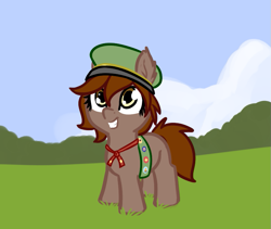 Size: 781x659 | Tagged: safe, artist:neuro, derpibooru import, oc, oc:honour bound, earth pony, pony, fanfic:everyday life with guardsmares, /mlp/, 4chan, earth pony oc, everyday life with guardsmares, female, filly, girl scout, girl scout uniform, hat, sash, smiling