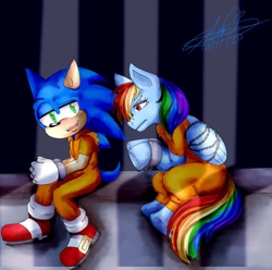 Size: 1024x1016 | Tagged: safe, artist:vegetitakawaii, derpibooru import, bound wings, chained, clothes, cuffs, duo, jail, prison, prison outfit, prisoner, prisoner rd, shackles, sonic the hedgehog, sonic the hedgehog (series), wings