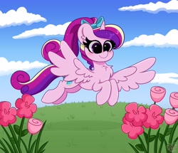 Size: 4096x3525 | Tagged: safe, artist:kittyrosie, derpibooru import, princess cadance, alicorn, pony, alternate hairstyle, blushing, bow, chest fluff, cloud, cute, cutedance, female, flower, flying, grass, hair bow, mare, sky, solo, teen princess cadance