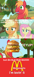 Size: 1280x2876 | Tagged: safe, derpibooru import, edit, edited screencap, screencap, applejack, big macintosh, fluttershy, earth pony, pegasus, pony, applebuck season, no second prances, sounds of silence, big mac (burger), burger, captions, eeyup, food, hamburger, im lovin it, mcdonald's, name pun