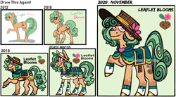 Size: 1224x677 | Tagged: safe, artist:spudsmcfrenzy, derpibooru import, oc, oc:leaflet blooms, earth pony, pony, art evolution, clothes, female, mare, solo