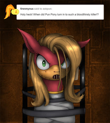 Size: 718x800 | Tagged: safe, artist:zoarvek, derpibooru import, oc, oc:pun, earth pony, pony, ask, ask pun, bondage, hannibal lecter, muzzle, silence of the lambs, solo, straitjacket