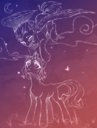 Size: 1106x1454 | Tagged: safe, artist:nika-rain, derpibooru import, oc, oc only, oc:albina, oc:nika, pegasus, pony, unicorn, cute, female, moon, sketch, stars