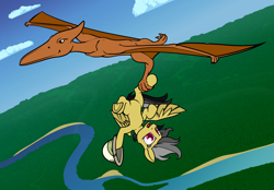 Size: 4140x2880 | Tagged: safe, artist:dacaoo, derpibooru import, daring do, dinosaur, pegasus, pony, female, flying, hat, holding leg, hooves, mare, open mouth, pterodactyl, safari hat, underhoof, upside down, wings