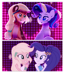 Size: 973x1080 | Tagged: safe, artist:foxklt, derpibooru import, screencap, applejack, rarity, earth pony, human, pony, unicorn, better together, equestria girls, i'm on a yacht, female, lesbian, neon eg logo, obtrusive watermark, rarijack, scene interpretation, screenshot redraw, shipping, watermark