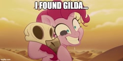 Size: 708x352 | Tagged: safe, derpibooru import, edit, edited screencap, screencap, pinkie pie, earth pony, pony, fanfic:cupcakes, my little pony: the movie, caption, desert, desert sun madness, exploitable meme, female, image macro, implied gilda, mare, meme, memegenerator, skull, smiling, text