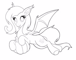 Size: 4096x3225 | Tagged: safe, artist:btbunny, derpibooru import, fluttershy, bat pony, bat ponified, fangs, flutterbat, lineart, looking at you, monochrome, pumpkin, race swap, simple background, tongue out