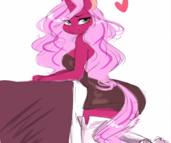 Size: 882x738 | Tagged: safe, artist:mrscurlystyles, derpibooru import, oc, oc only, oc:pynk hyde, anthro, unicorn, anthro oc, black dress, boots, clothes, dress, female, green eyes, heart, little black dress, looking at you, mare, pink, pose, shoes, side view, simple background, sketch, solo, white background