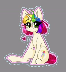 Size: 2400x2600 | Tagged: safe, artist:madkadd, derpibooru import, oc, oc only, pony, unicorn, gray background, heart, horn, multicolored hair, rainbow hair, simple background, sitting, smiling, solo, unicorn oc