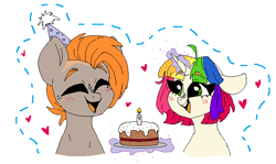 Size: 684x407 | Tagged: safe, artist:madkadd, derpibooru import, oc, oc only, earth pony, pony, unicorn, :d, birthday cake, bust, cake, duo, earth pony oc, eyes closed, food, glowing horn, hat, heart, horn, magic, multicolored hair, open mouth, party hat, rainbow hair, simple background, smiling, telekinesis, unicorn oc, white background