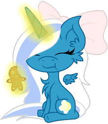 Size: 626x714 | Tagged: safe, artist:tree-tokiomoon, derpibooru import, oc, oc only, oc:fleurbelle, alicorn, alicorn oc, bow, cheek fluff, chest fluff, ear fluff, eating, eyes closed, female, floating wings, gingerbread (food), gingerbread man, hair bow, horn, levitation, magic, mare, simple background, sitting, solo, telekinesis, transparent background, wings