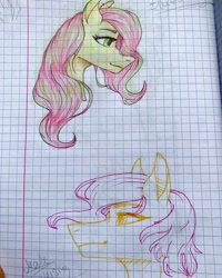 Size: 1080x1350 | Tagged: safe, artist:moona_lou, derpibooru import, fluttershy, pegasus, pony, bust, female, graph paper, lineart, mare, partial color, signature, traditional art