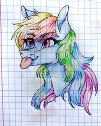 Size: 1080x1346 | Tagged: safe, artist:moona_lou, derpibooru import, rainbow dash, pegasus, pony, :p, bust, female, graph paper, mare, tongue out, traditional art