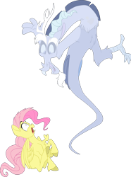 Size: 2023x2717 | Tagged: safe, artist:eveeka, derpibooru import, discord, fluttershy, draconequus, ghost, pegasus, undead, discoshy, female, heart, male, open mouth, scared, shipping, simple background, straight, transparent background