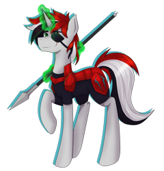 Size: 2876x3000 | Tagged: safe, artist:alicetriestodraw, derpibooru import, oc, oc only, unicorn, armor, eyepatch, multicolored hair, one leg raised, simple background, solo, spear, standing, transparent background, weapon