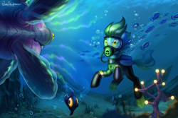 Size: 3000x2000 | Tagged: safe, artist:jedayskayvoker, derpibooru import, oc, oc only, oc:sea glow, fish, pegasus, blue background, crossover, diving, flippers, hypnosis, mesmer (subnautica), peeper (subnautica), pegasus oc, scuba, scuba gear, simple background, subnautica, this will end in pain, underwater, wetsuit, wings