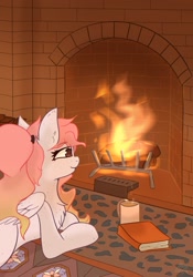 Size: 717x1024 | Tagged: safe, artist:ponyangle, derpibooru import, oc, oc only, pegasus, pony, book, chest fluff, chocolate, cup, cute, female, fire, fireplace, food, hot chocolate, lying down, mare, prone, wings