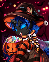 Size: 2550x3209 | Tagged: safe, artist:pridark, derpibooru import, part of a set, oc, oc:swift dawn, changeling, blue changeling, candy, changeling oc, clothes, commission, food, halloween, hat, high res, holiday, jack-o-lantern, male, open mouth, pumpkin, solo, stallion, wings, witch hat, ych result
