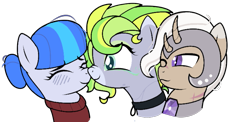 Size: 759x370 | Tagged: safe, artist:icey-wicey-1517, artist:kb-gamerartist, color edit, derpibooru import, edit, oc, oc only, oc:cloud drift, oc:sapphire, oc:valkiria, earth pony, pegasus, pony, unicorn, collaboration, armor, blushing, boop, clothes, coat markings, collar, colored, eyes closed, eyeshadow, female, freckles, helmet, horn, lesbian, makeup, mare, multicolored hair, multiple horns, noseboop, oc x oc, one eye closed, photo, scar, shipping, simple background, sweater, transparent background, wink