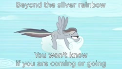 Size: 640x360 | Tagged: safe, derpibooru import, edit, edited screencap, screencap, rainbow dash, pegasus, pony, the return of harmony, corrupted, discorded, genesis, lyrics, silver rainbow, solo, song reference, text, text edit