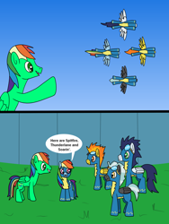 Size: 1024x1365 | Tagged: safe, artist:platinumdrop, derpibooru import, rainbow dash, soarin', spitfire, thunderlane, oc, pegasus, pony, clothes, comic, request, speech bubble, uniform, wonderbolts, wonderbolts uniform