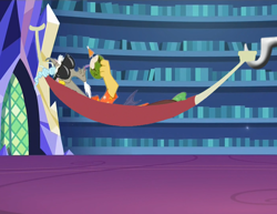 Size: 1050x809 | Tagged: safe, derpibooru import, discord, draconequus, fanfic:crossing the trixie bridge, fanfic, hammock, library, male, solo, sunglasses, twilight's castle, twilight's castle library