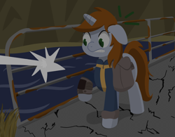 Size: 1920x1500 | Tagged: safe, artist:toshimatsu, derpibooru exclusive, derpibooru import, oc, oc only, oc:littlepip, pony, unicorn, fallout equestria, bag, clothes, cracks, fanfic, fanfic art, female, hooves, horn, mare, night, pipbuck, raised hoof, river, rust, saddle bag, standing, tail, vault suit