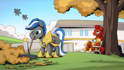 Size: 2560x1440 | Tagged: safe, artist:mysticalpha, derpibooru import, oc, oc only, oc:captain sunride, oc:cloud zapper, pegasus, pony, armor, garden, gardening, leaves, male, pegasus oc, rake, royal guard, royal guard armor, royal guard oc, stallion, tree, wings