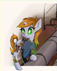 Size: 1461x1800 | Tagged: safe, artist:mistleinn, derpibooru import, oc, oc only, oc:littlepip, pony, unicorn, fallout equestria, clothes, female, green eyes, gun, handgun, little macintosh, mare, pipbuck, revolver, solo, weapon