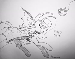 Size: 2048x1607 | Tagged: safe, artist:lowname, derpibooru import, fluttershy, bat pony, apple, bait, bat ponified, clothes, drool, eyes on the prize, female, flutterbat, food, inktober, inktober 2019, lineart, race swap, running, scarf, solo, tongue out, traditional art