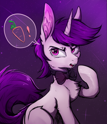 Size: 1900x2200 | Tagged: safe, artist:tatykin, derpibooru import, edit, editor:xbi, oc, oc only, oc:lapush buns, pony, unicorn, boop, bowtie, bunnycorn, carrot, demanding, dialogue, exclamation point, food, hungry, pictogram, self-boop, solo