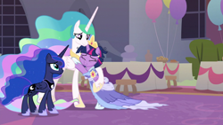 Size: 1920x1080 | Tagged: safe, derpibooru import, screencap, princess celestia, princess luna, twilight sparkle, twilight sparkle (alicorn), alicorn, pony, the last problem, cheek squish, clothes, coronation dress, crown, dress, eyes closed, hug, jewelry, messy mane, regalia, royal sisters, second coronation dress, sisters, squishy cheeks