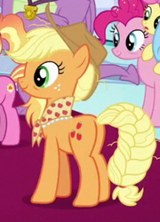 Size: 349x486 | Tagged: safe, derpibooru import, screencap, applejack, li'l cheese, luster dawn, pinkie pie, spike, dragon, earth pony, pony, unicorn, the last problem, applejack's hat, braided tail, butt, cowboy hat, cropped, female, filly, hat, older, older applejack, older pinkie pie, older spike, plot, solo focus