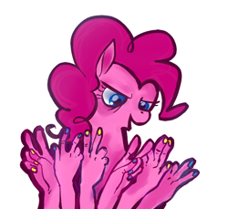 Size: 574x526 | Tagged: safe, artist:drpummeluff, derpibooru import, pinkie pie, earth pony, pony, a friend in deed, cursed, cursed image, nail polish, pinkie being pinkie, simple background, solo, suddenly hands, traditional art, wat, what has science done, white background