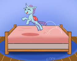 Size: 1000x800 | Tagged: safe, artist:empyu, derpibooru import, ocellus, changedling, changeling, 30 minute art challenge, bed, cute, diaocelles, eyes closed, female, happy, jumping, jumping on the bed