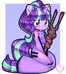 Size: 2648x3000 | Tagged: safe, artist:bunxl, derpibooru import, starlight glimmer, anthro, unicorn, blushing, bodysuit, clothes, crossover, equal cutie mark, looking at you, neon genesis evangelion, plugsuit, ponytail, solo, staff, staff of sameness, wingding eyes