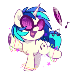 Size: 793x807 | Tagged: safe, artist:yokokinawa, derpibooru import, dj pon-3, vinyl scratch, pony, unicorn, bracelet, chibi, female, glow bracelets, jewelry, mare, music notes, open mouth, record, simple background, solo, stars, white background