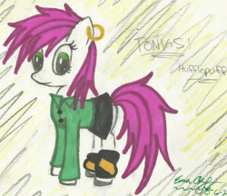 Size: 1941x1675 | Tagged: safe, artist:hufflepuff-disney, derpibooru import, oc, oc:tonks, earth pony, earth pony oc, looking at you, solo, traditional art