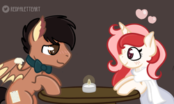 Size: 1280x761 | Tagged: safe, artist:redpalette, derpibooru import, oc, oc:lonestar, oc:red palette, blushing, bowtie, candle, clothes, cute, date, dress, restaurant, scarf, shy