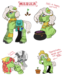 Size: 1200x1500 | Tagged: safe, artist:etchnsketches, derpibooru import, tree hugger, zecora, oc, oc:marula, earth pony, hybrid, pony, zony, cauldron, dreadlocks, female, hat, interspecies offspring, lesbian, magical lesbian spawn, male, mother and child, mother and son, offspring, parent and child, parent:tree hugger, parent:zecora, parents:treecora, plant, shipping, simple background, straw hat, treecora, white background